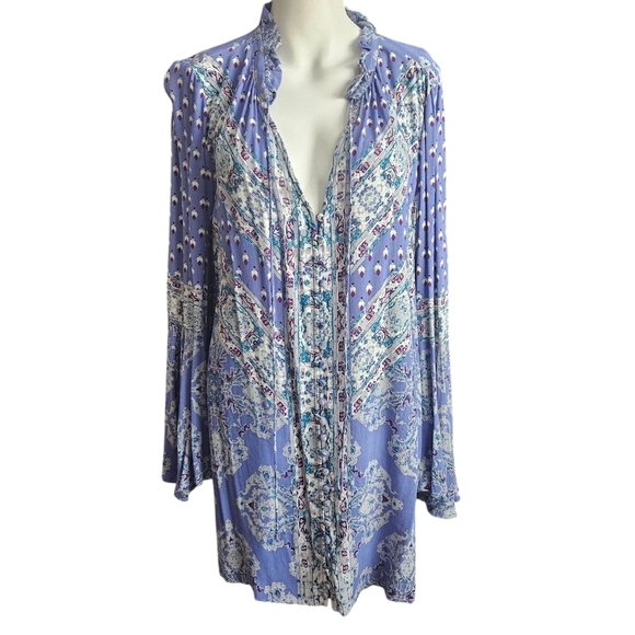 Free People Magic Mystery Tunic Small Sky Blue Boho Mini Dress Paisley SMALL - Picture 1 of 14